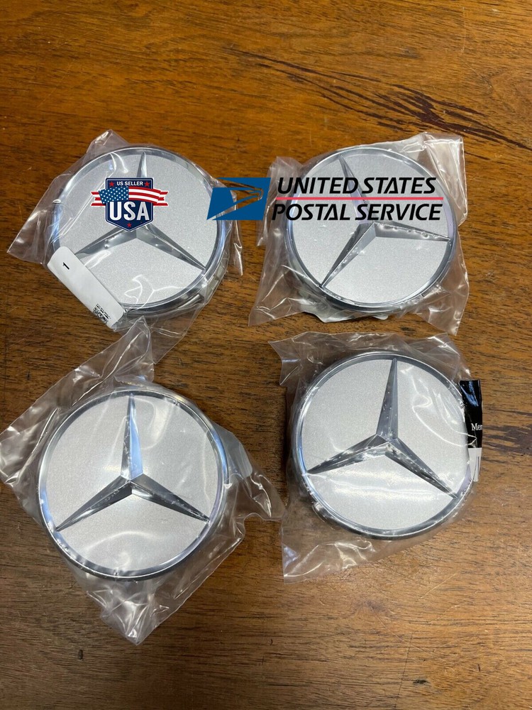 SET OF FOUR Genuine Mercedes Wheel Center Hub Cap Star Silver Chrome Covers