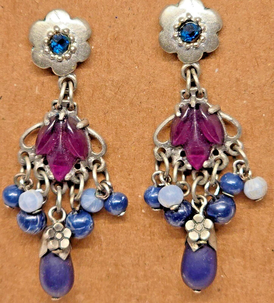 Multi color blue  rhinestone and  purple beaded dangle drop silver earrings