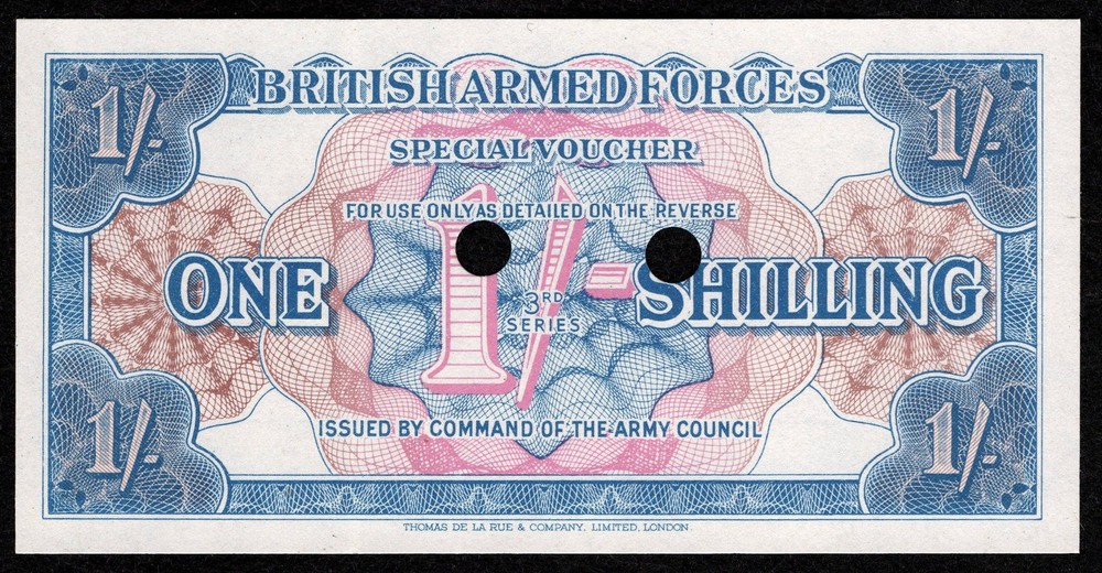 British Armed Forces 1 Shilling 3rd Series Special Voucher – UNC Hole Cancelled-image