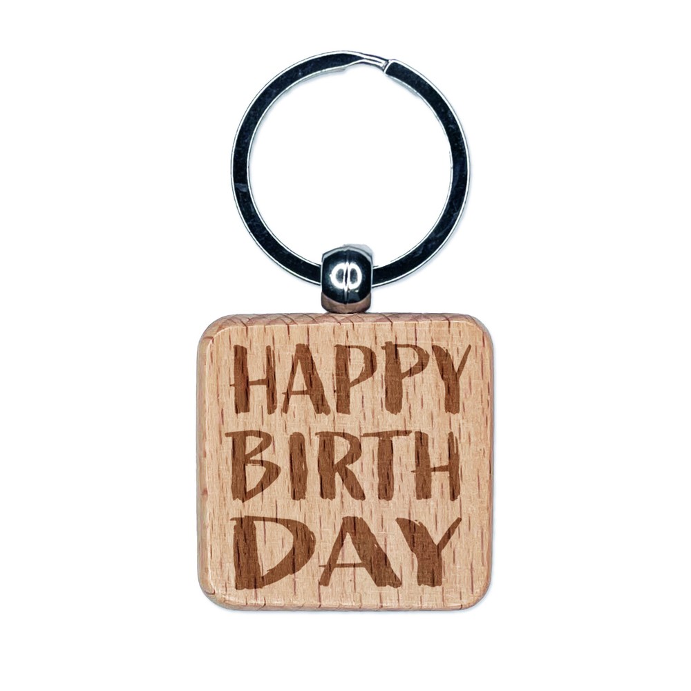 Happy Birthday Sketchy Fun Text Engraved Wood Square Keychain Tag Charm