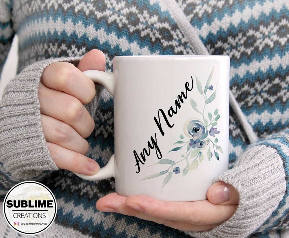 Personalised Watercolour Floral Bouquet Flowers Mug Custom Name Coffee Tea Hot