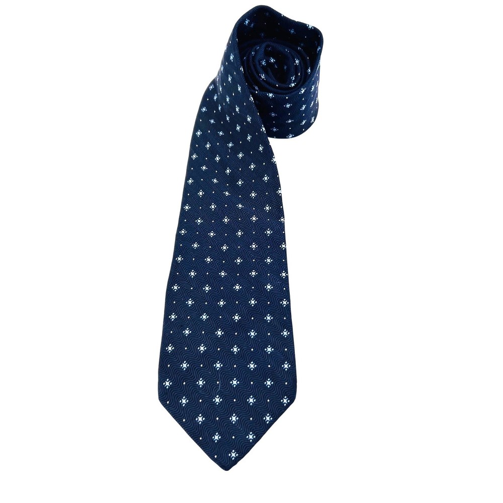 Canali Mens Silk Tie Navy Blue Geometric Star Pattern Made in Italy Necktie FLAW