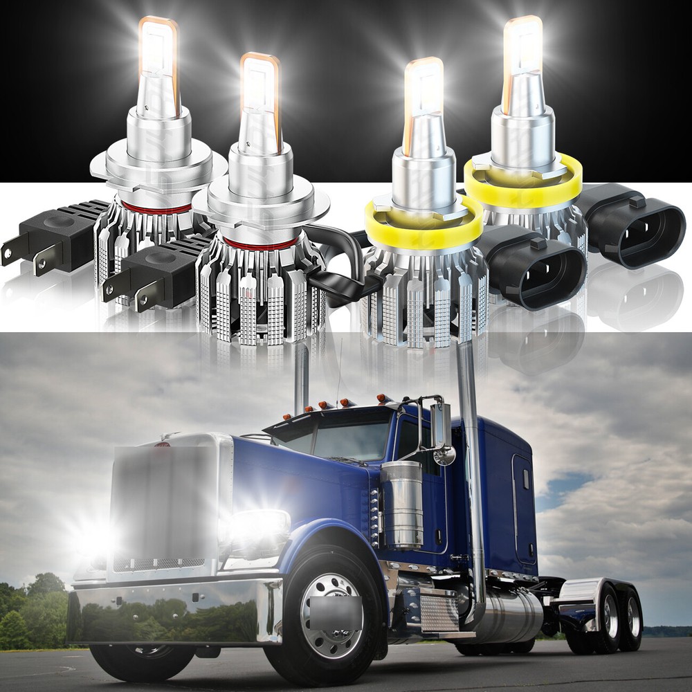 Peterbilt 388 389 4x 9005 H11 White LED Headlight Conversion Kit Hi Lo Beam