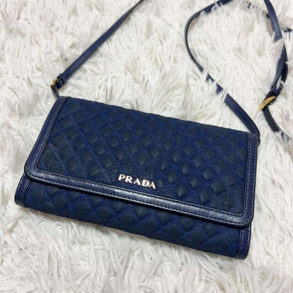Prada Quilted Leather 2-Way Shoulder Wallet Blue Pre-Owned Excellent