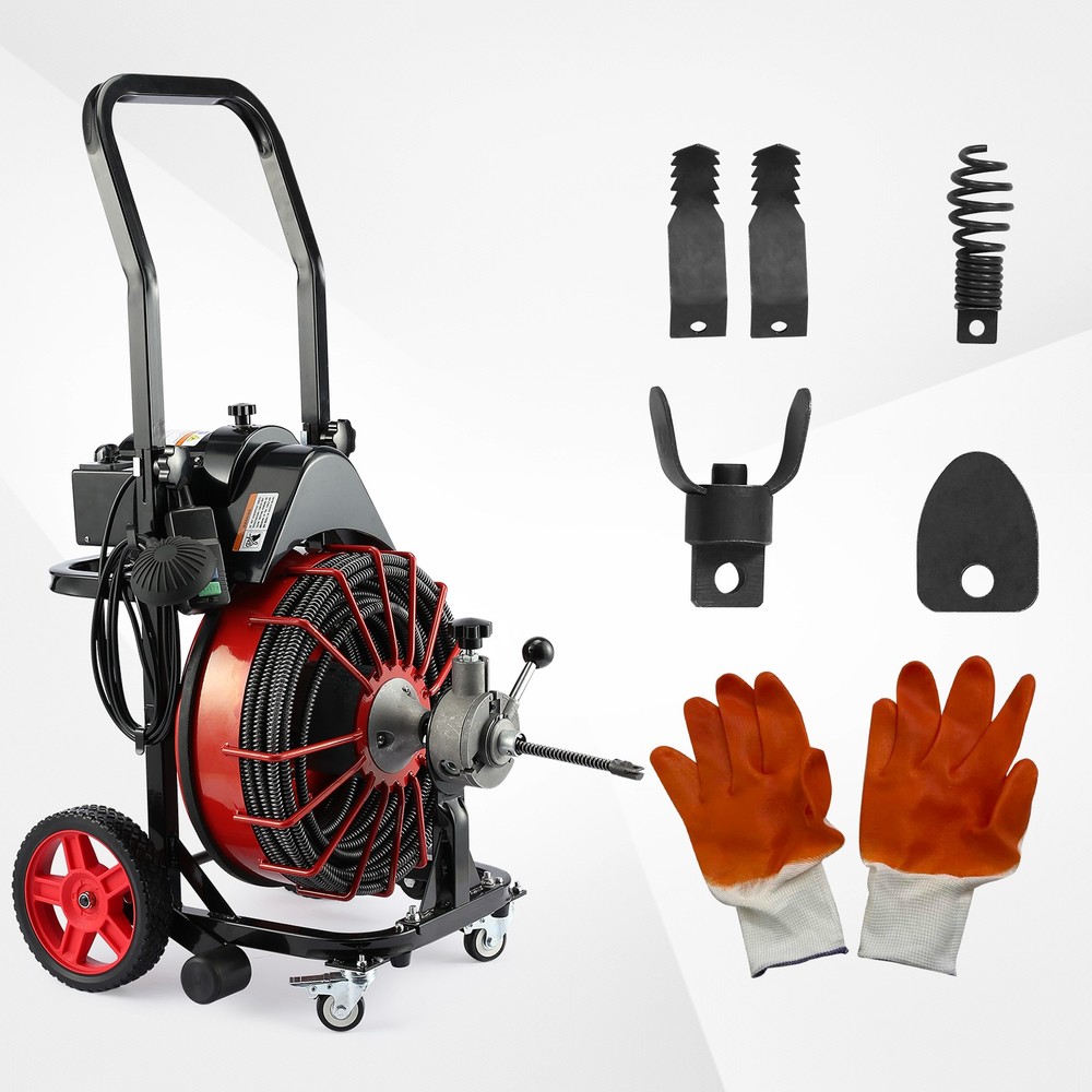 Heavy-Duty Drain Auger 100ft, 550W Motor w/ Wheels & Gloves - Commercial Grade