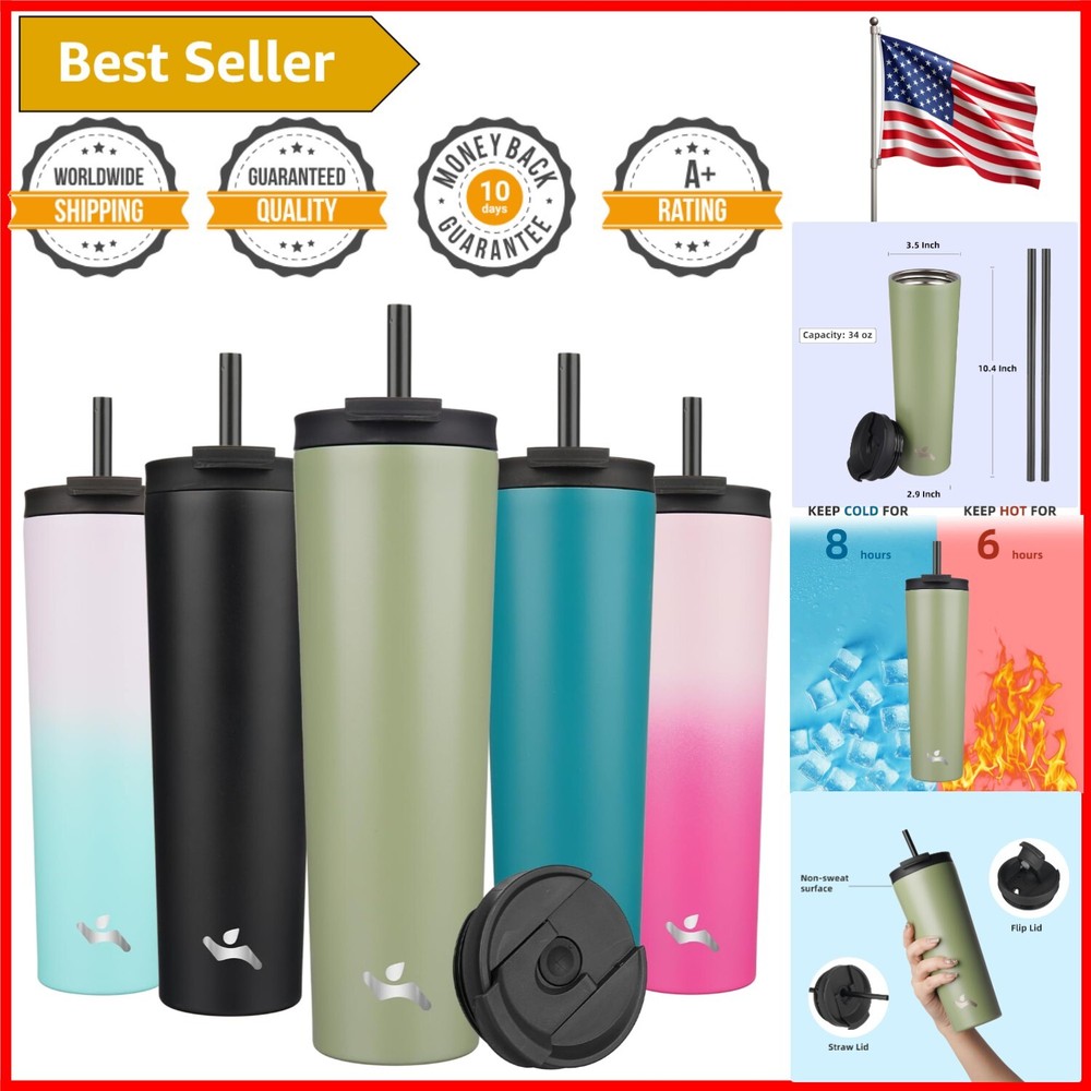 Premium 34 oz Stainless Steel Tumbler with 2 Straws - Ideal for Travel & Work