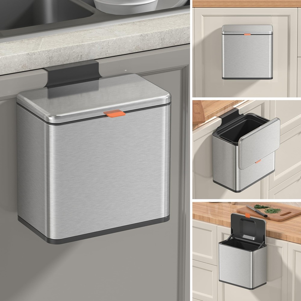 Kitchen Compost Bin Hanging Trash Can with Lid 1.05 Gallon Stainless Steel Ga...