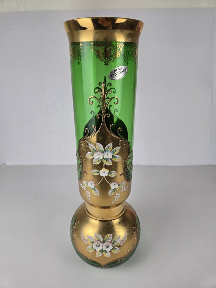 Vintage Bohemian Czech Floral Enameled Gold Gilt Emerald Green Glass Vase 14