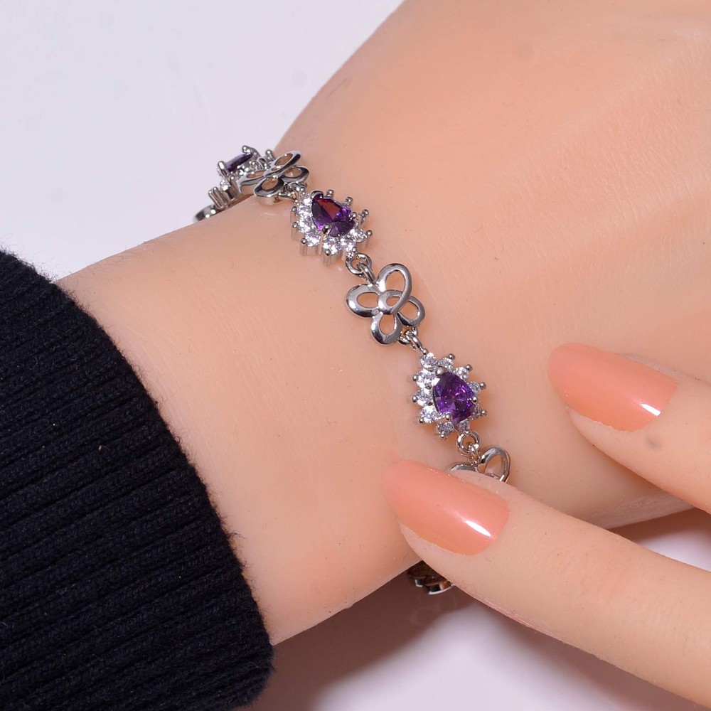 Amethyst & CZ Sterling Silver Tennis Bracelet 7.99 Inch B5732