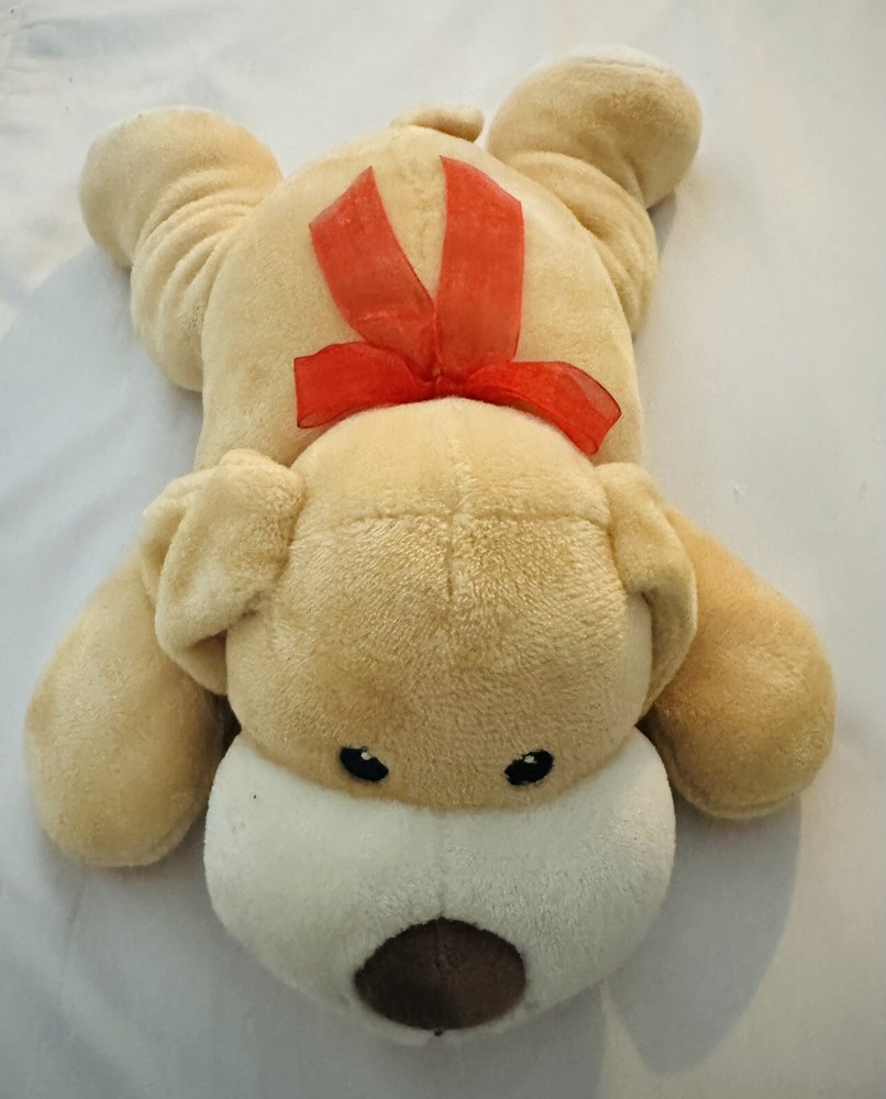 Tan 16” Puppy Dog Plush Brown Nose Soft Floppy Toy Red Ribbon Bow