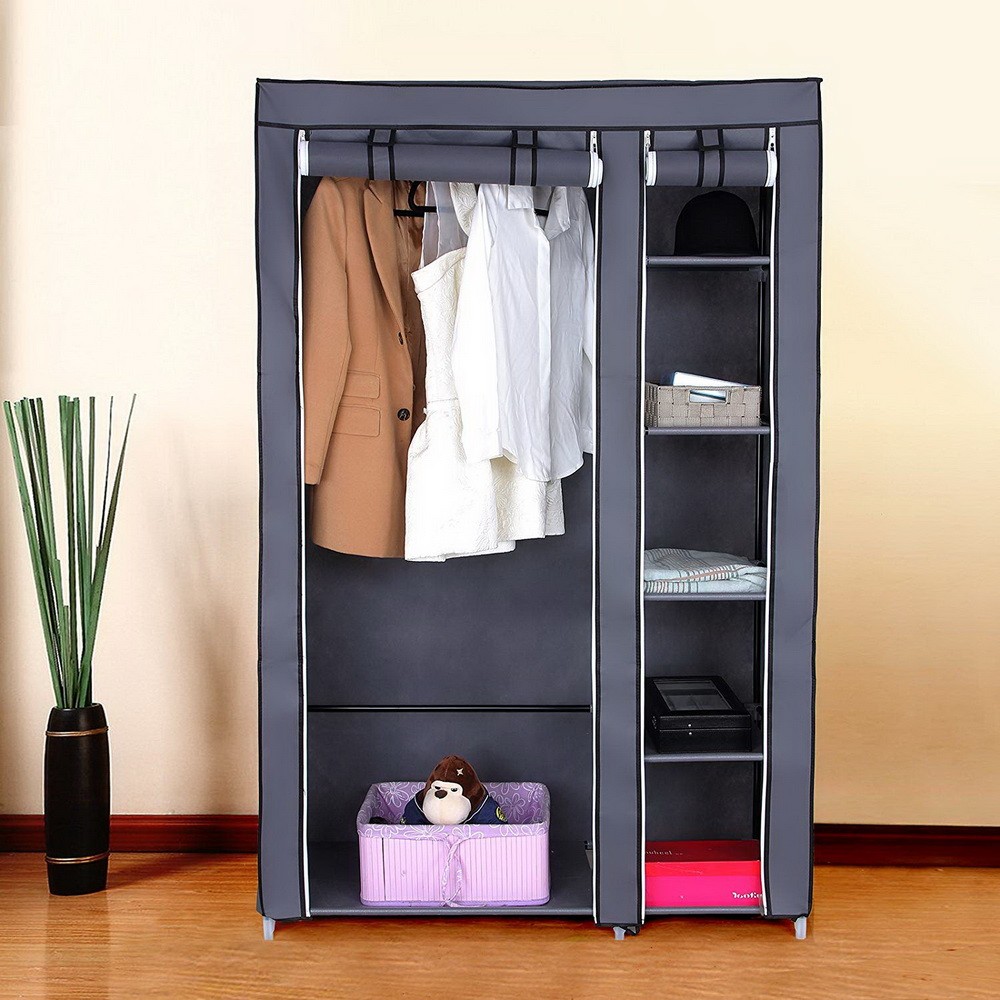 67 Inch Portable Wardrobe with Non-Woven Fabric and Hanging Rod for Easy Storage