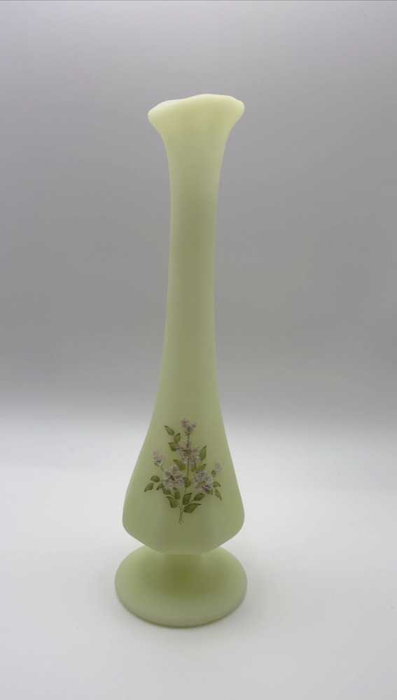 Vtg Fenton Custard Satin Hand Painted Roses Floral BUD VASE Uranium Glow Signed