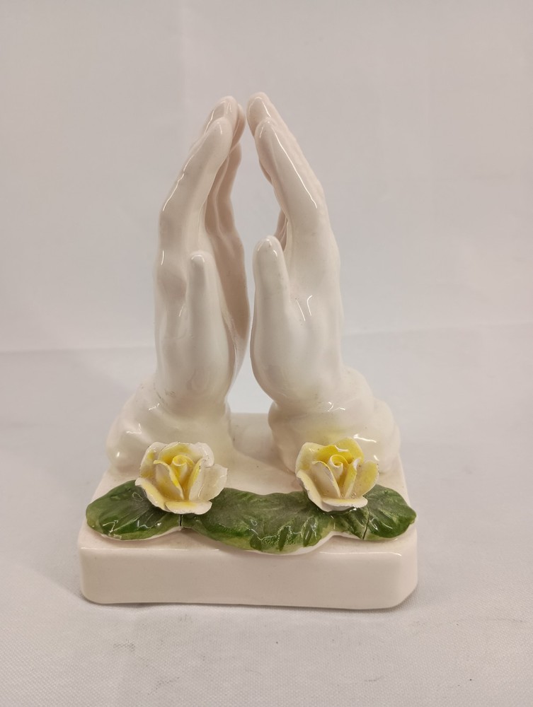 Mini Vintage Porcelain Praying Hands Figurine with Yellow Flowers 4 Inch Tall LEGO