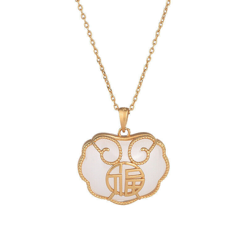 White Natural Jade Ruyi Pendant Necklace 18K Gold Plated Talismans Real Jewelry
