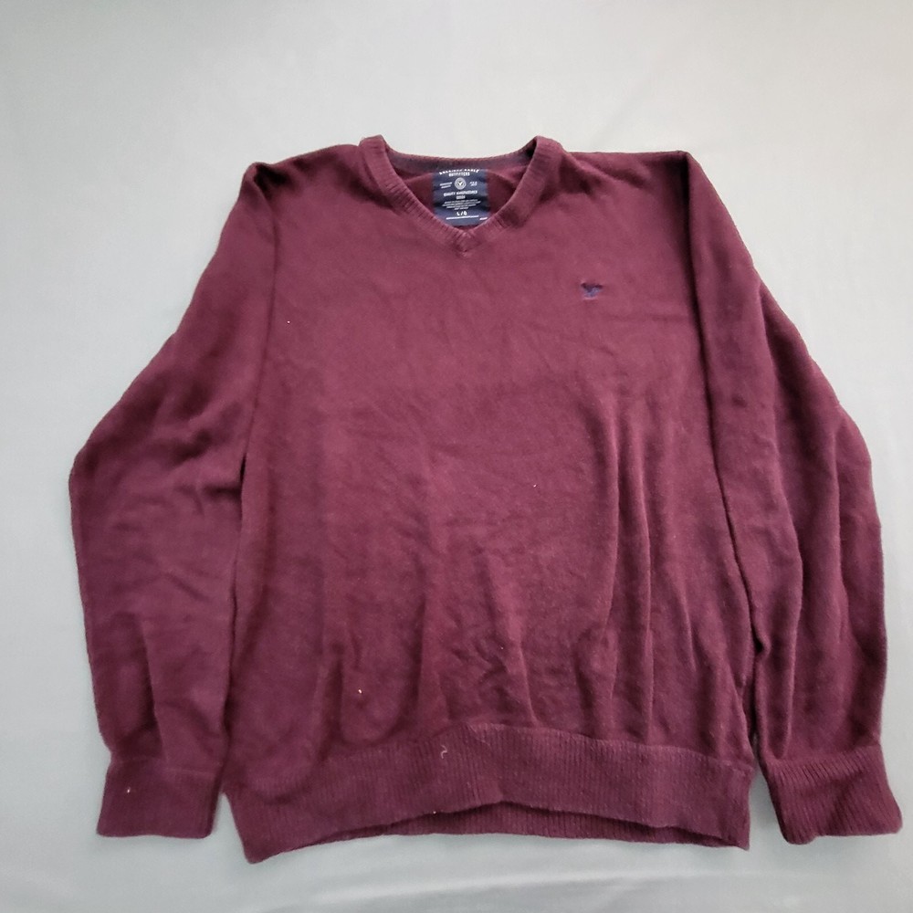 American Eagle Sweater Mens Large L Long Sleeve V Neck Pullover Logo Knit Red