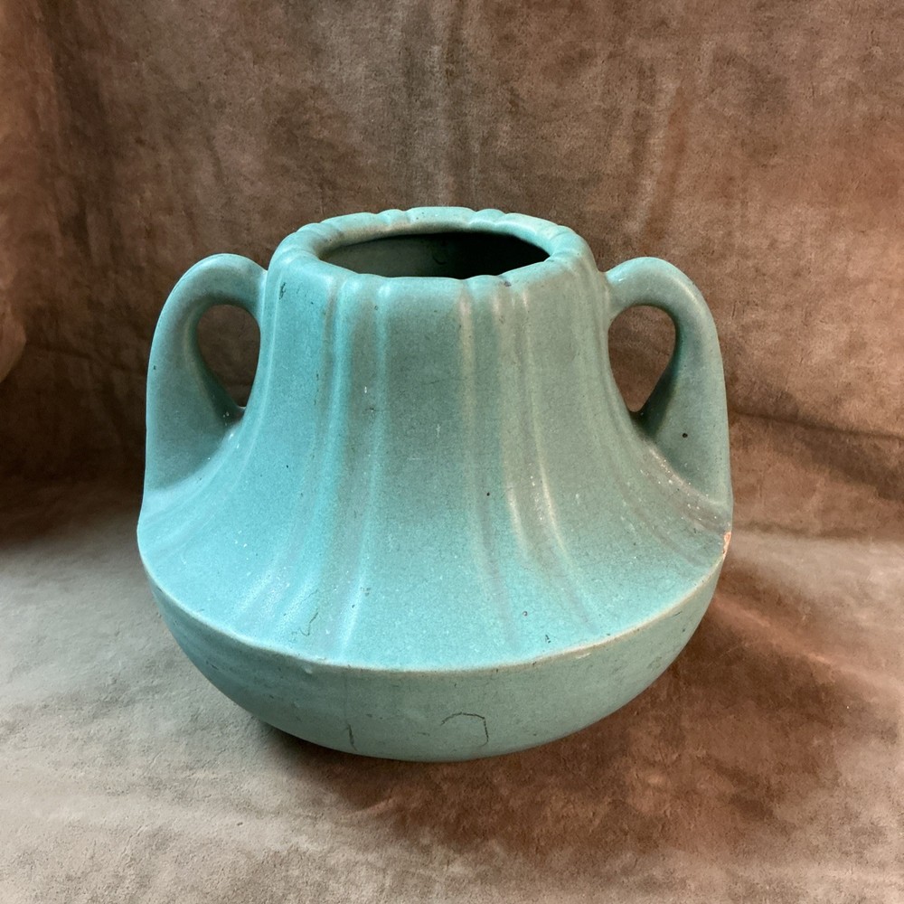 Circa 1920 Matt Green art pottery Vase rib design with handles minor as is