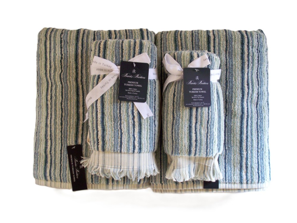 Brooks Brothers 6 piece Luxury Thick Turkish Towel Set Green Blue Striped NWT