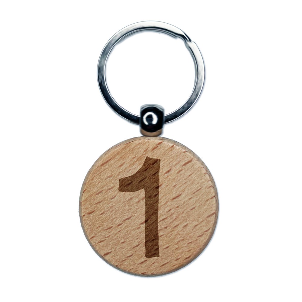 Number 1 One Cute Typewriter Font Engraved Wood Round Keychain Tag Charm