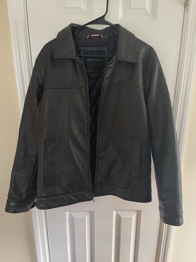 Tommy Hilfiger Men's Black Leather Bomber Jacket Size Medium with Lining