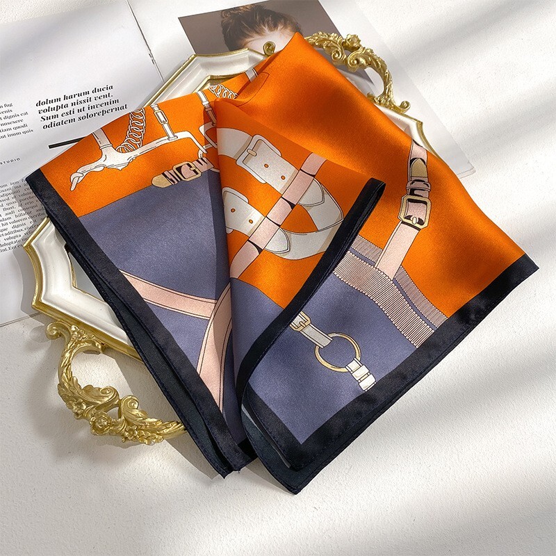 100% Silk Scarf Women Vintage Orange Buckle Hair Kerchief Headscarf Wrap 53*53cm