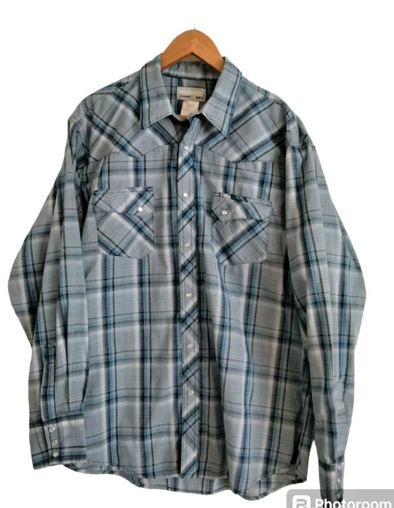 Wrangler WRancher Shirt L/S Mens Size XL Tall Blue Plaid  Pearl Snap