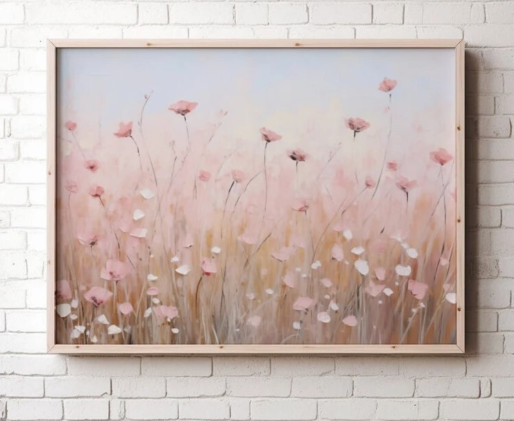 Blush Pink Wildflower Field Oil Painting Printable Floral Wall Art