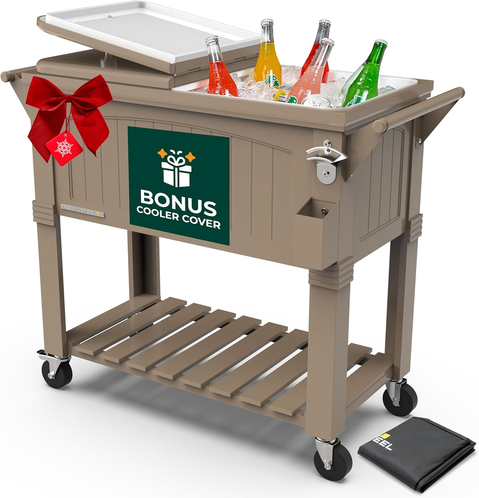 Permasteel 80-Qt Rolling Patio Cooler with Storage Shelf, Large Beverage Cart fo