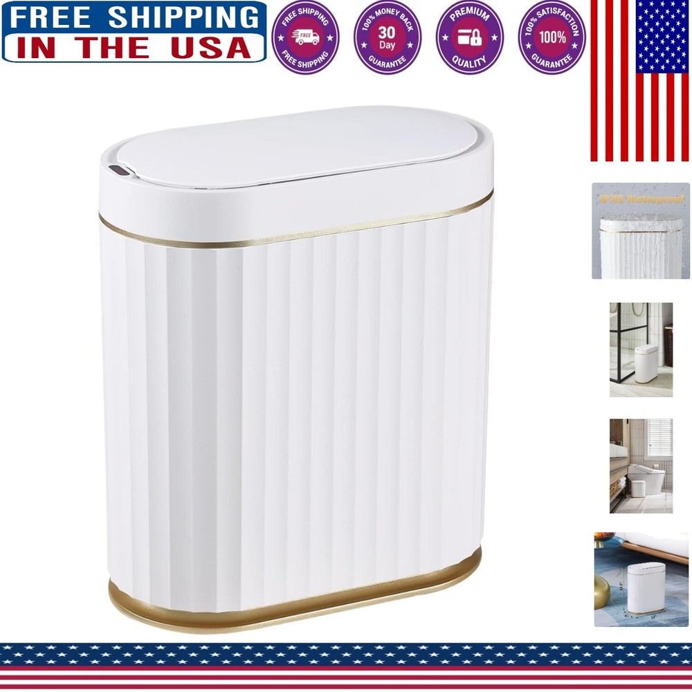 Touchless 2 Gallon Slimline Trash Can with Gold Detailing - Ideal for Home Decor