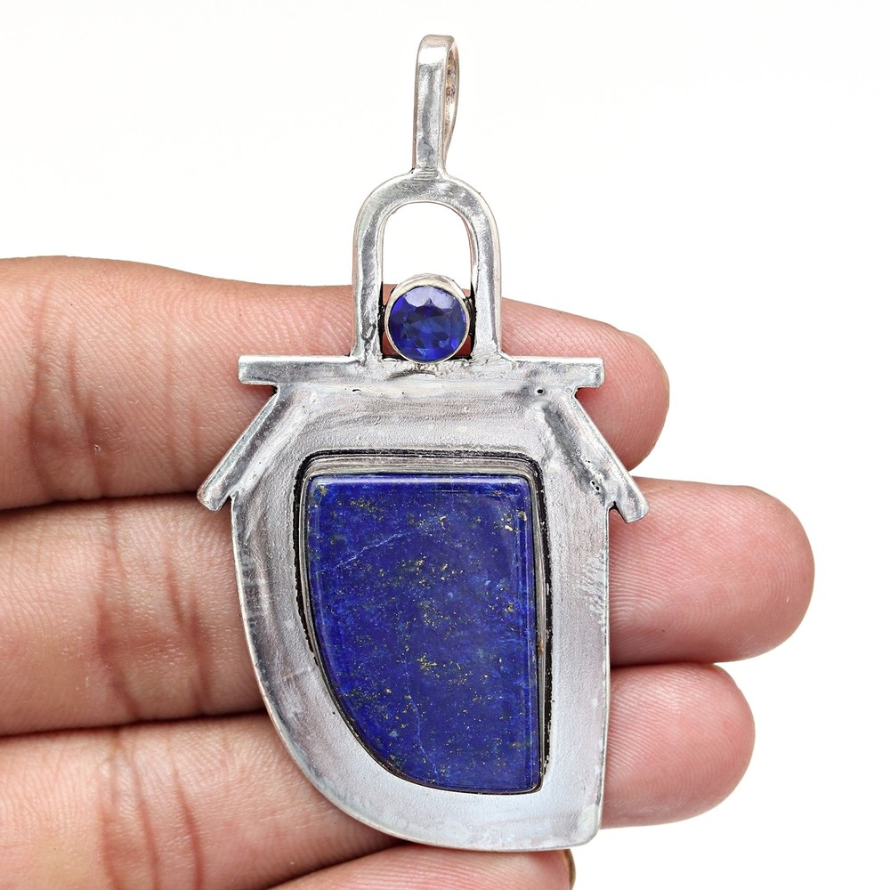 Lapis Lazuli Gemstone Pendant Handmade in Sterling Silver 2.5 Inch