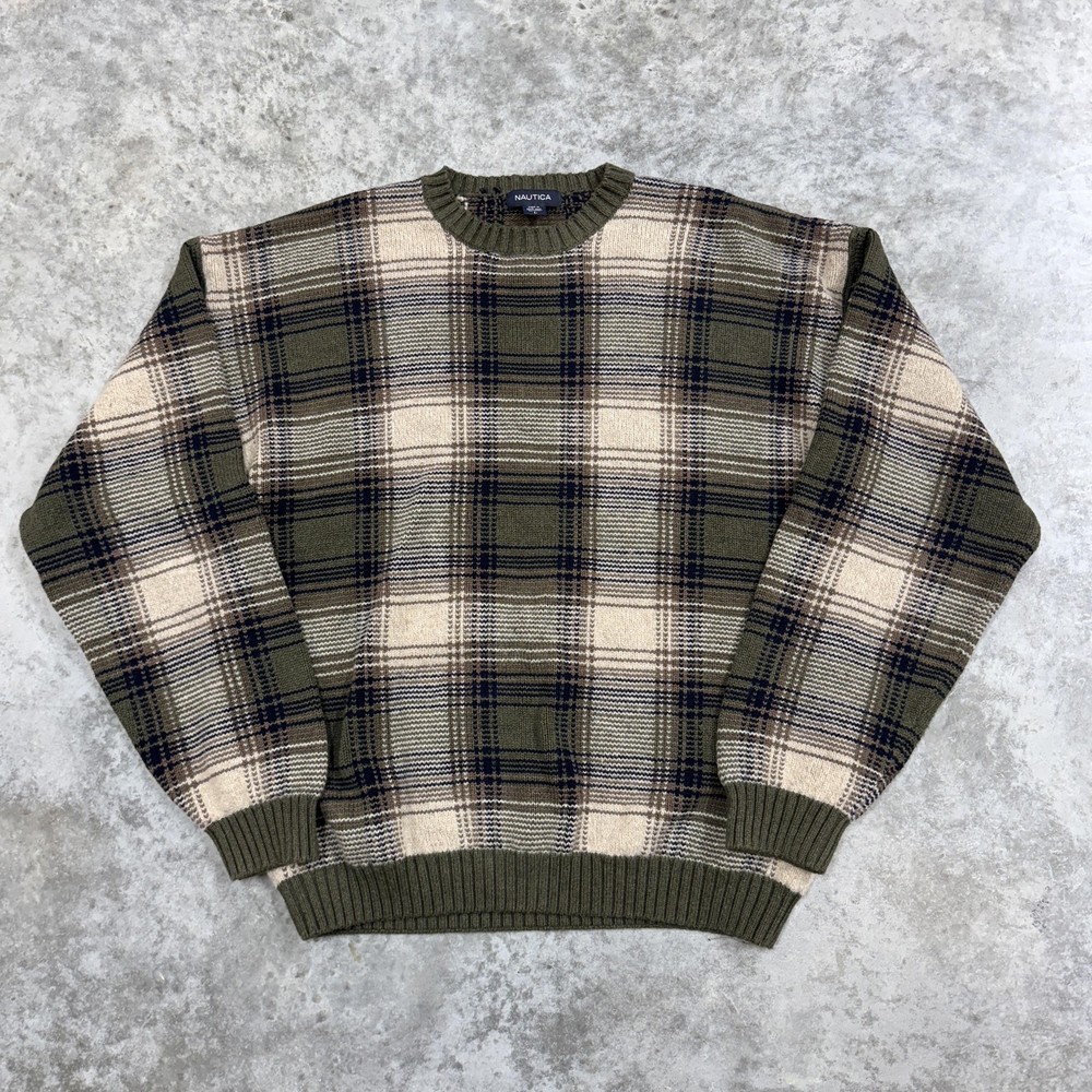 Nautica Sweater Mens Large Green Tan Plaid Crewneck Knit Pullover Cotton Blend
