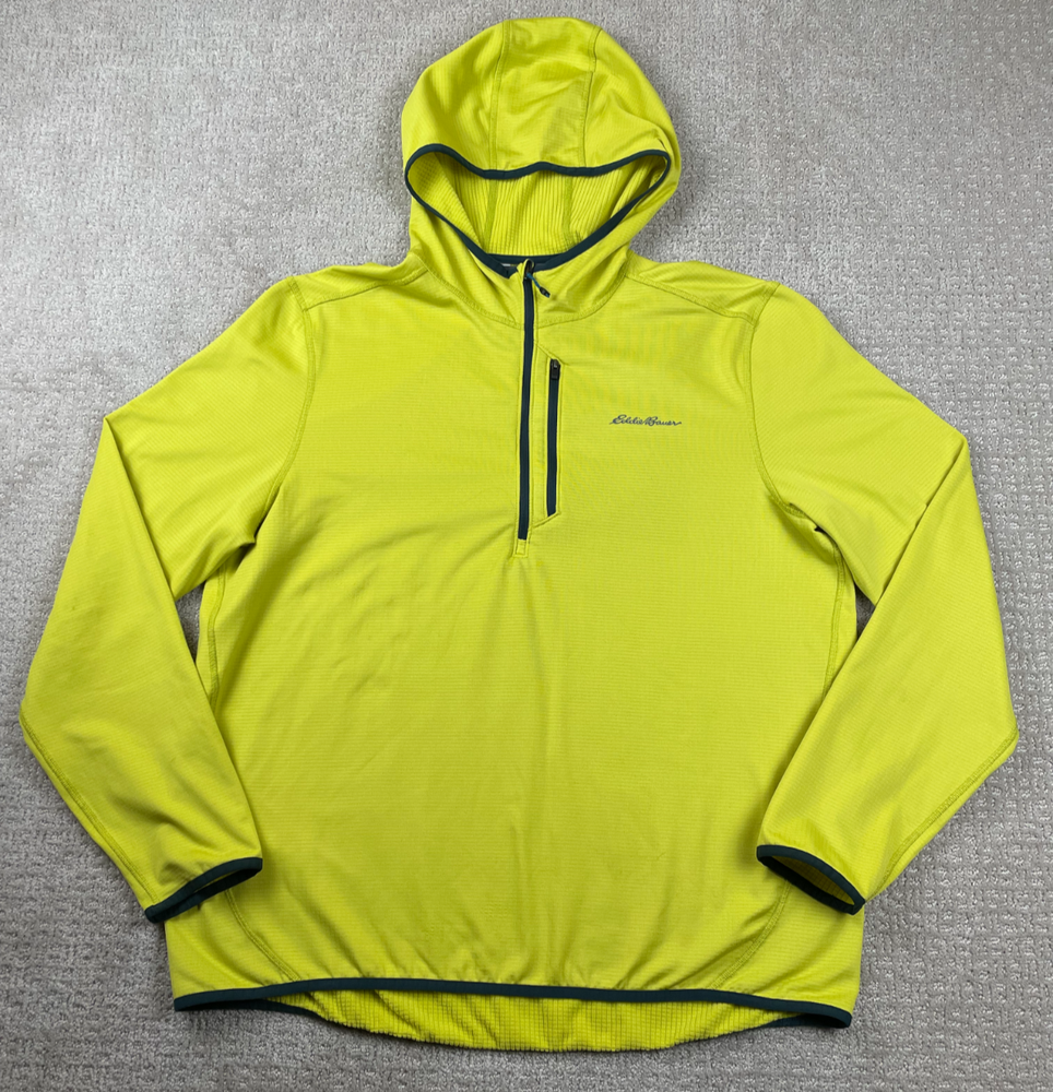 Eddie Bauer Jacket Mens XL Yellow Grid Fleece 1/4 Zip Hooded Pullover Hiking