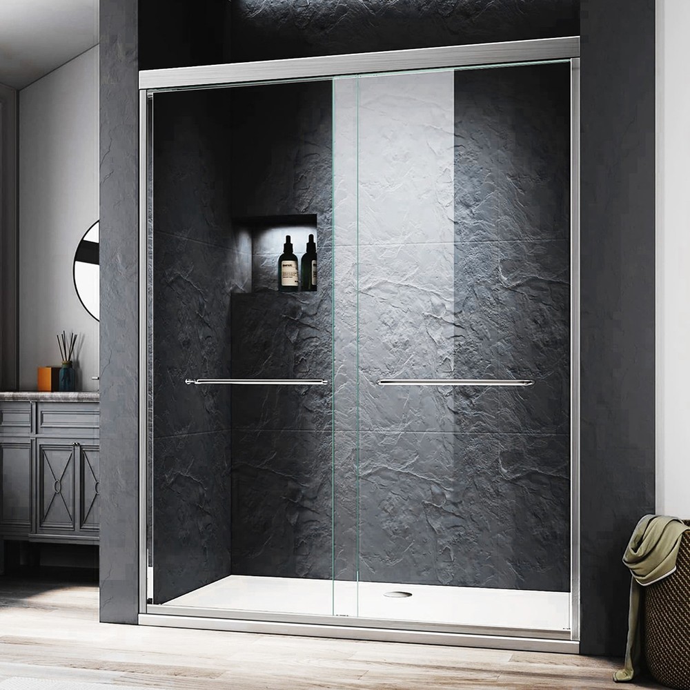 Brushed Nickel 54’’ Semi-Frameless Glass Shower Door 1/4’’Tempered Shower Glass