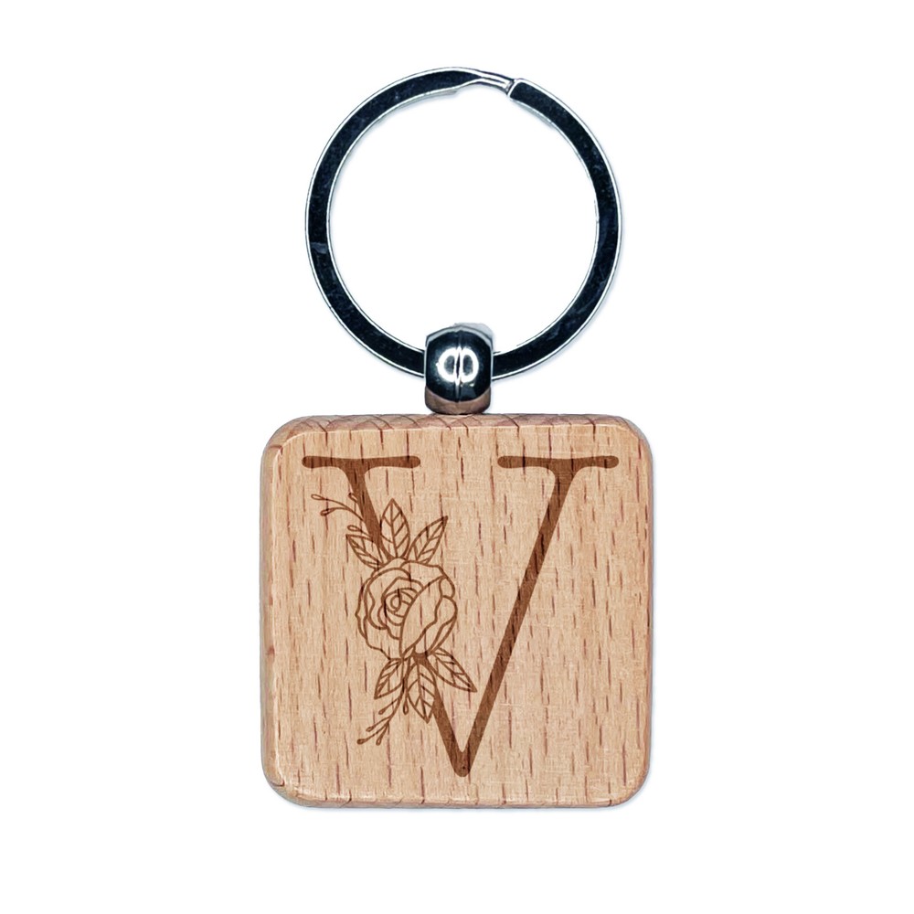 Rose Typewriter Font Capital Letter V Engraved Wood Square Keychain Tag Charm