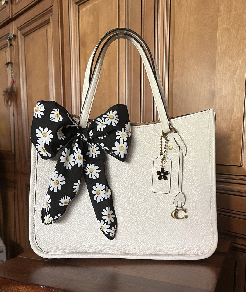 Coach Tyler 28 Chalk Leather Tote with Floral Daisy Charm and Scarf