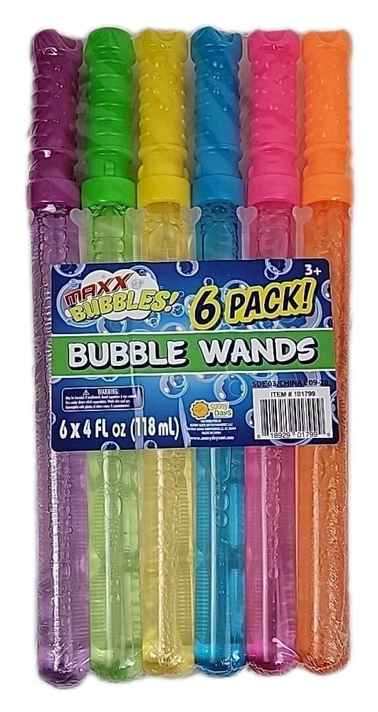 Maxx Bubbles 4oz Bubble Wands 6 Pack Blue Green Purple Orange Yellow Pink