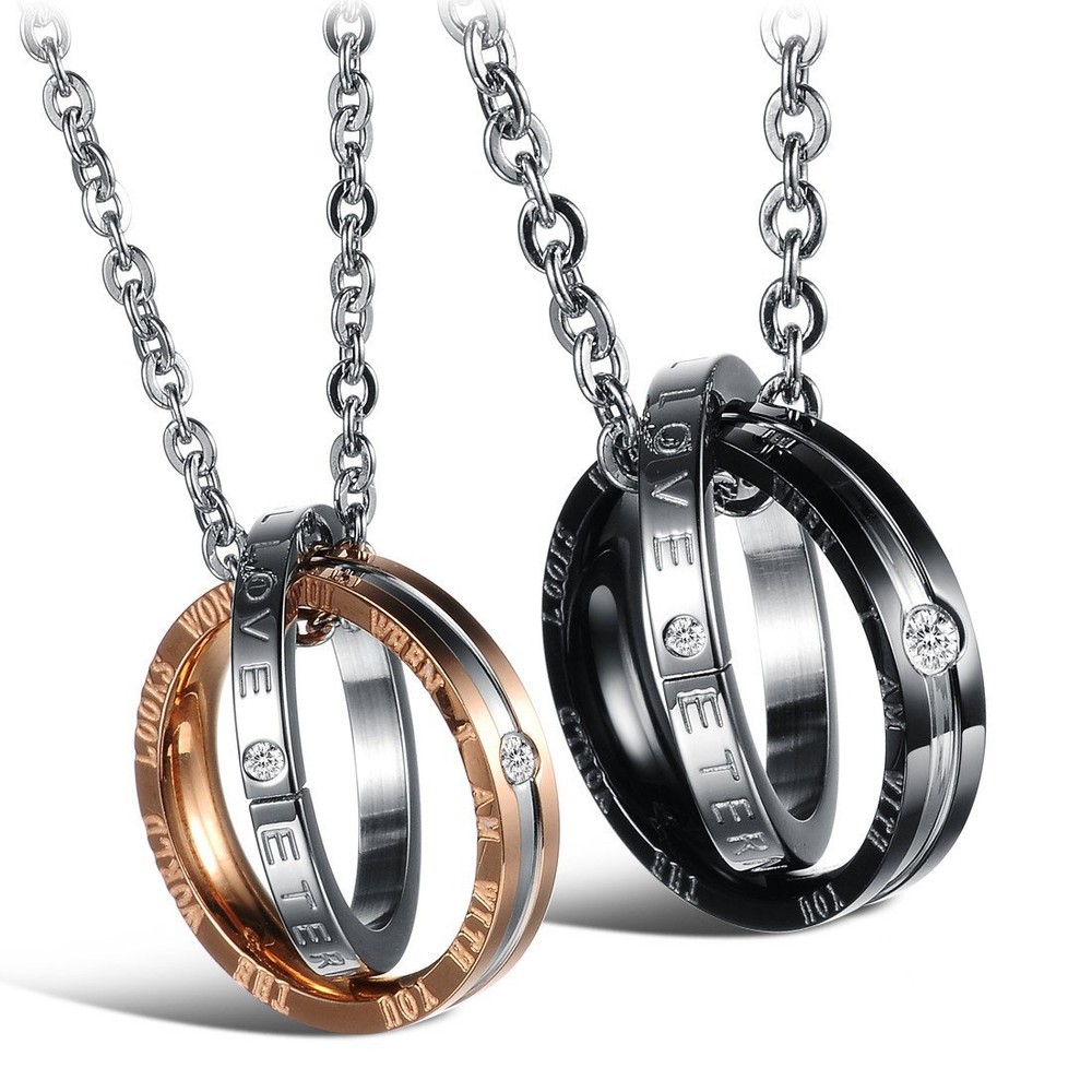 His Hers Matching Necklaces Couples Pendant Set Titanium Stainless Steel CZ 2Pcs