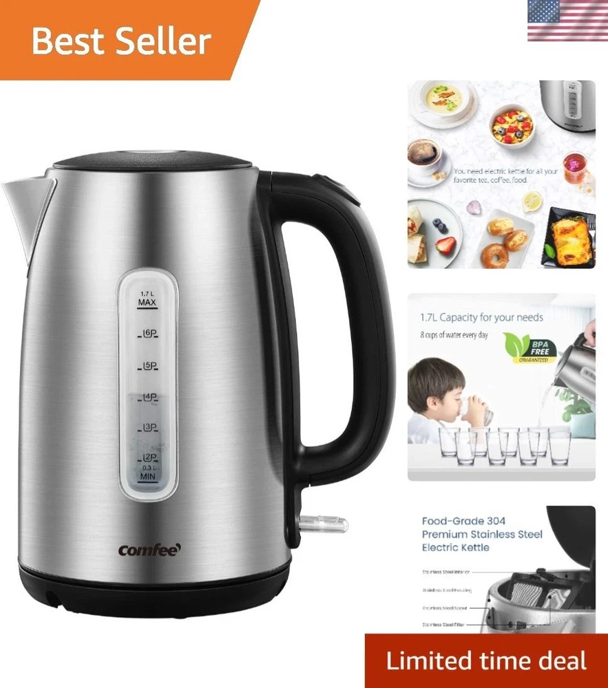 Stainless Steel Electric Kettle 1.7L Fast Boil 1500W Auto Shut-Off LED Light