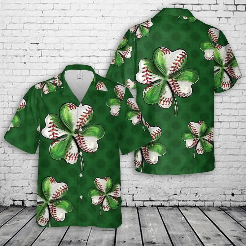 St Patrick's Day Baseball Hawaiian Shirt Green Shamrock Aloha Shirt Men's Gift