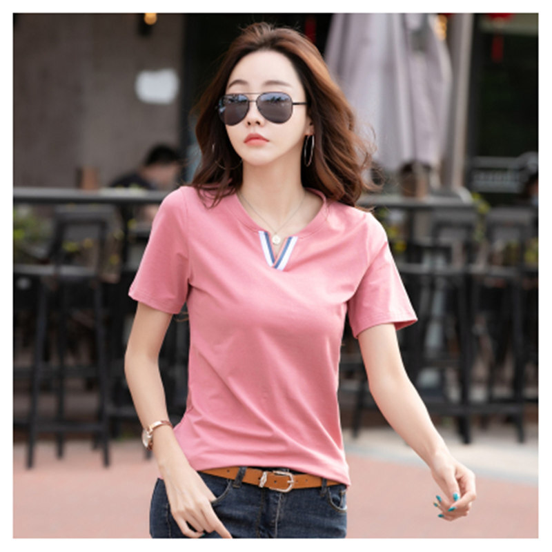 Women's Summer Fashion Simple V-neck Short Sleeve Slim Fitting Bottoming Shirt