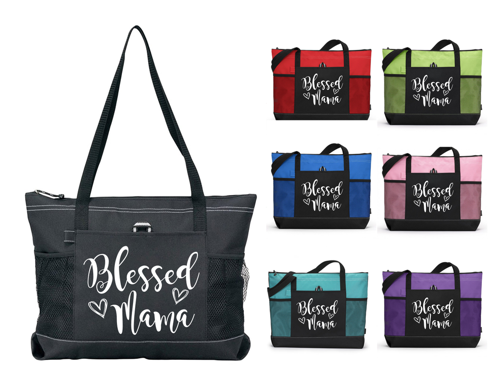 BLESSED MAMA & HEARTS MOM DESIGN CUSTOM TOTE PURSE SPORTS GYM DIAPER BAG ZIPS