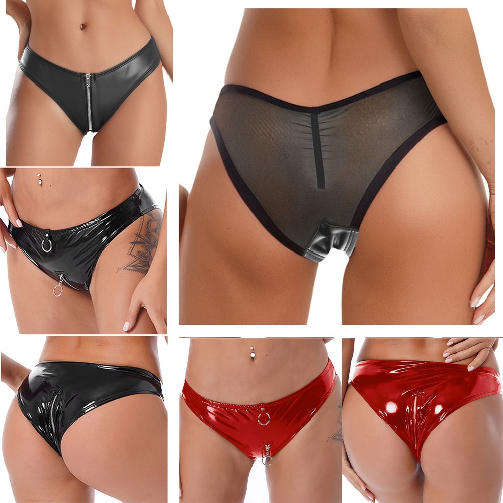Women's PU Leather Mesh Patchwork Briefs Low Rise Zipper Crotch Panties Clubwear