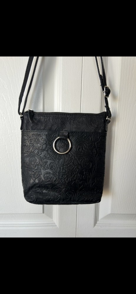 Bueno Vintage Tooled Black Leather Crossbody Bag Vintage Purse Boho Western