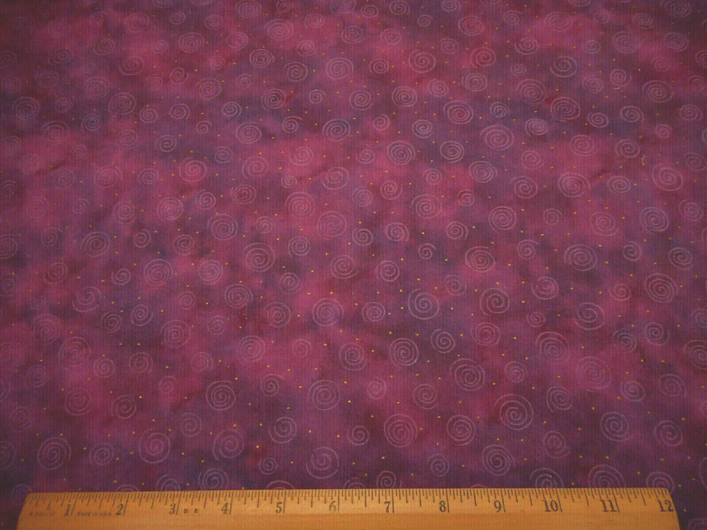 Cotton Fabric By Yard Purple Swirls Met Gold Dots on Purple Pink Blue Vtg Nov