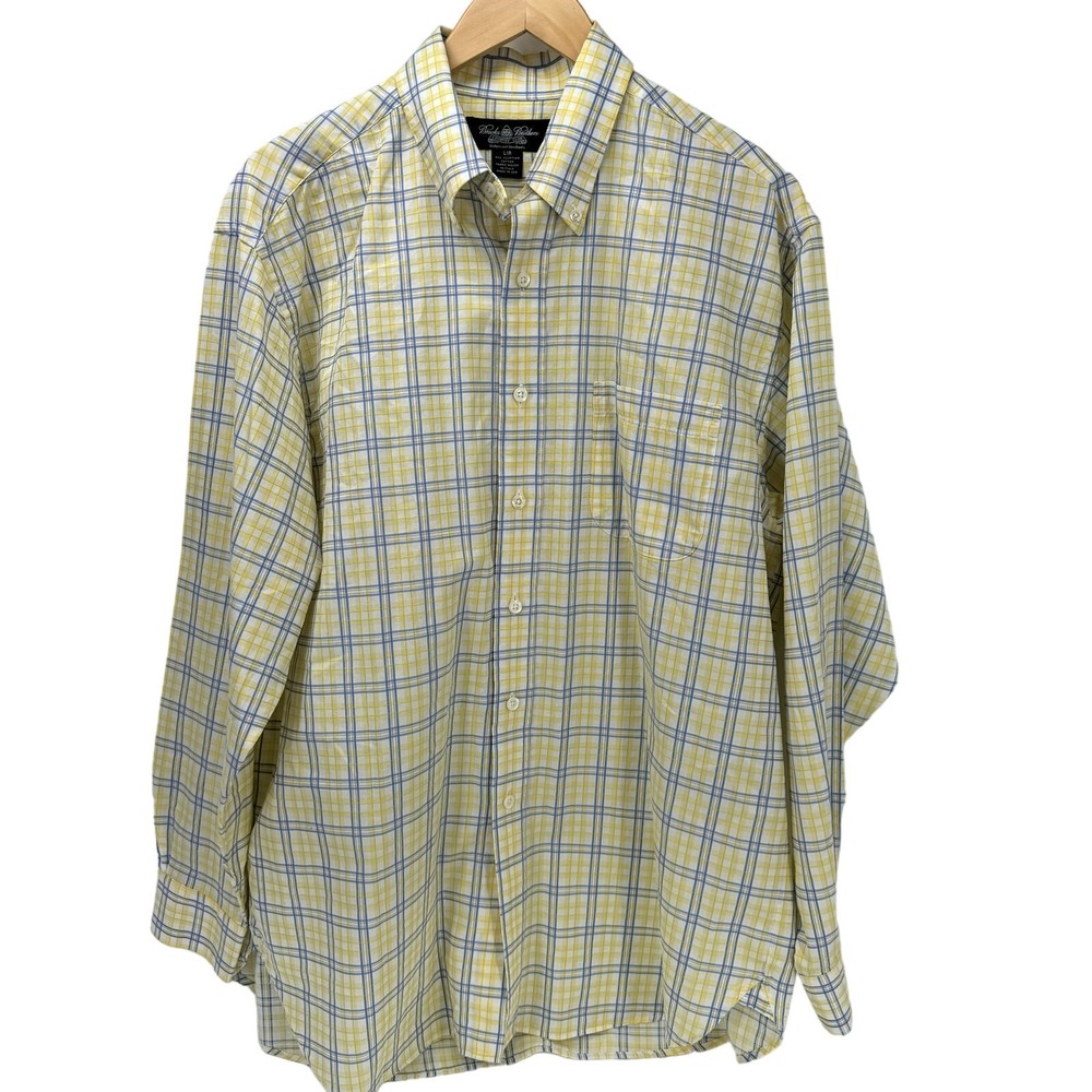 Brooks Brothers Shirt Mens Large Country Club Yellow Blue Plaid Button Down