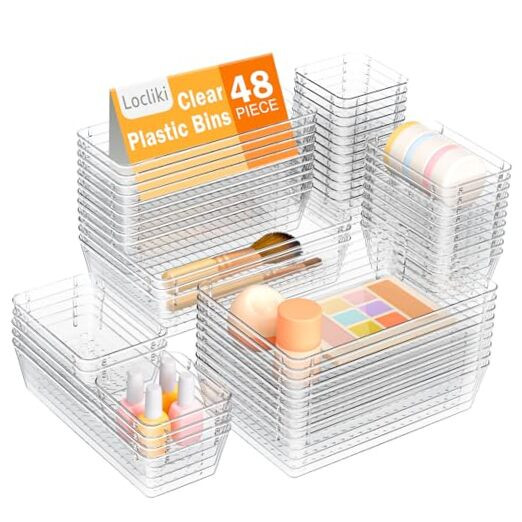 48 PCS Clear Plastic Drawer Organizers, 4 Varied Size Versatile Dresser Drawer