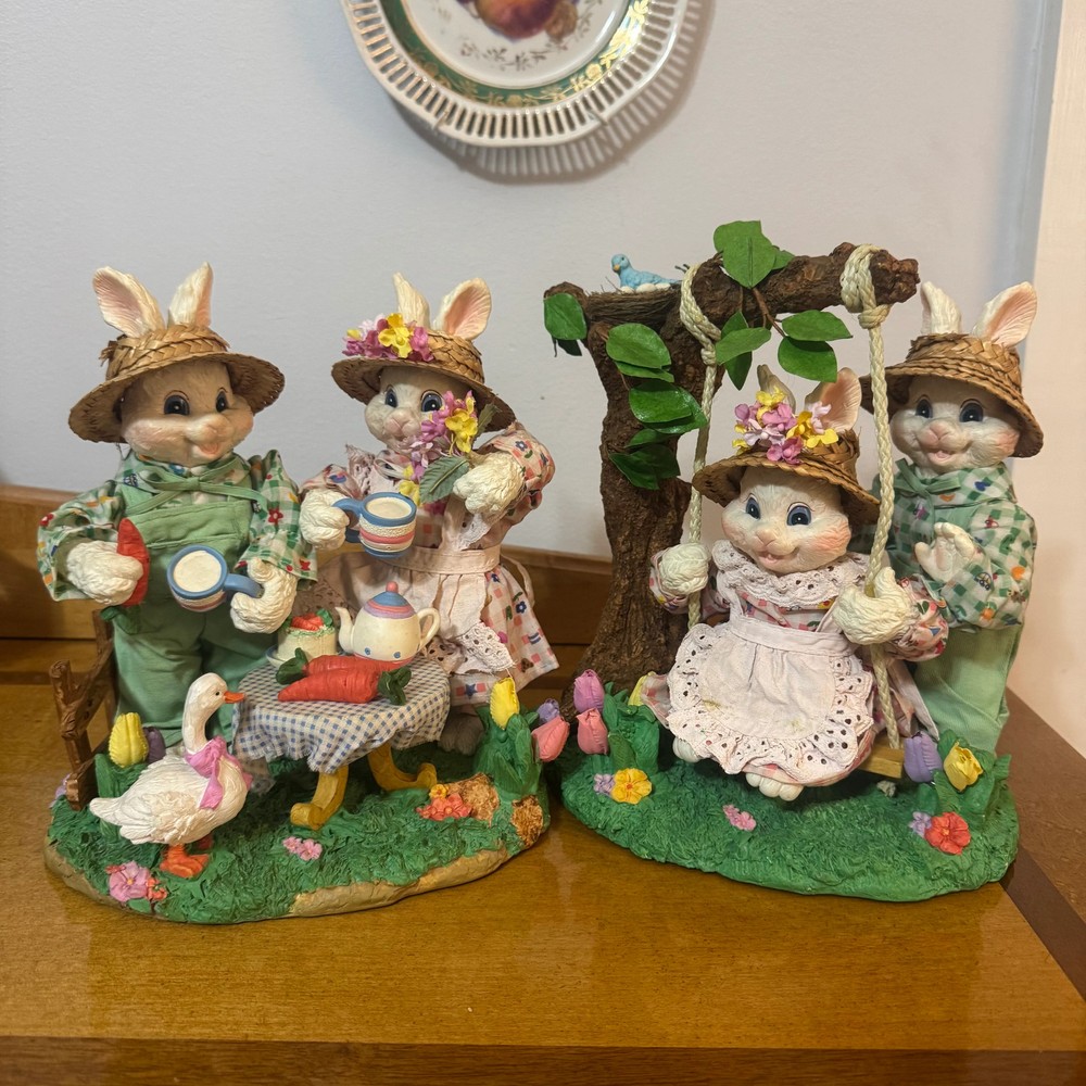 Vintage Fabric Mache Spring Bunnies Easter Decor Set of 2