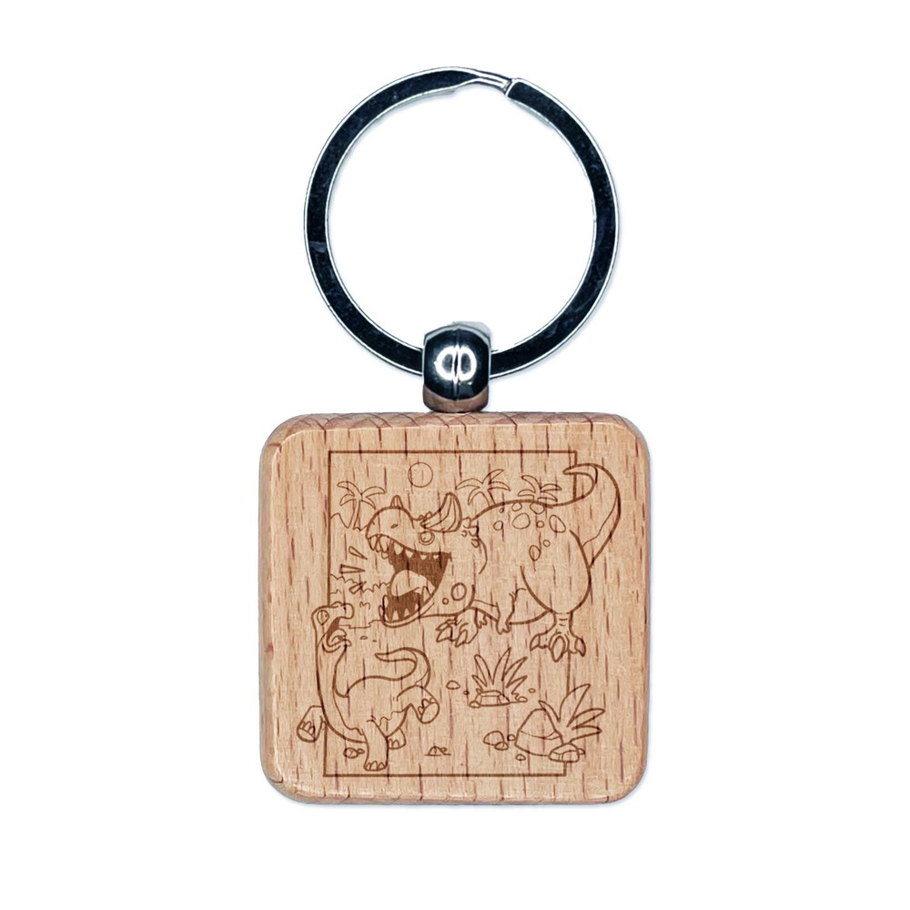 Carnotaurus Horned Dinosaur Roaring Engraved Wood Square Keychain Tag Charm