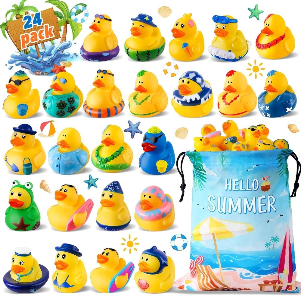 24 Pcs Summer Rubber Ducks with a Bag, for Jeeps, Assorted Beach Toys...