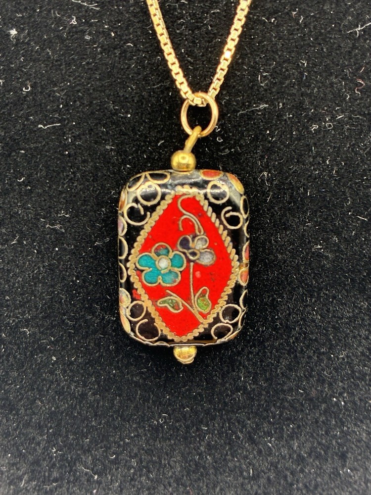 Vintage Cloisonné Multi-Color Two-Sided Rectangular Flower/Butterfly Pendant