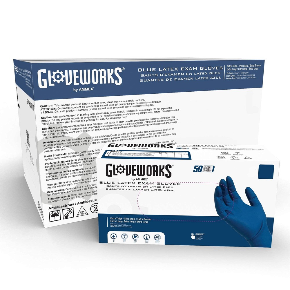 GLOVEWORKS Blue Latex Disposable Exam Gloves 13 Mil Powder-Free Textured